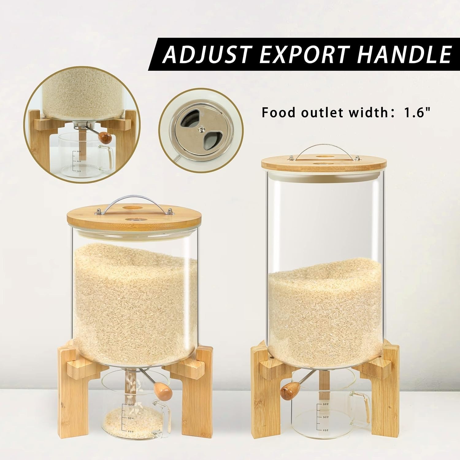 Glass Rice Dispenser 8L Airtight Grain Storage Jar Bamboo Stand Bin