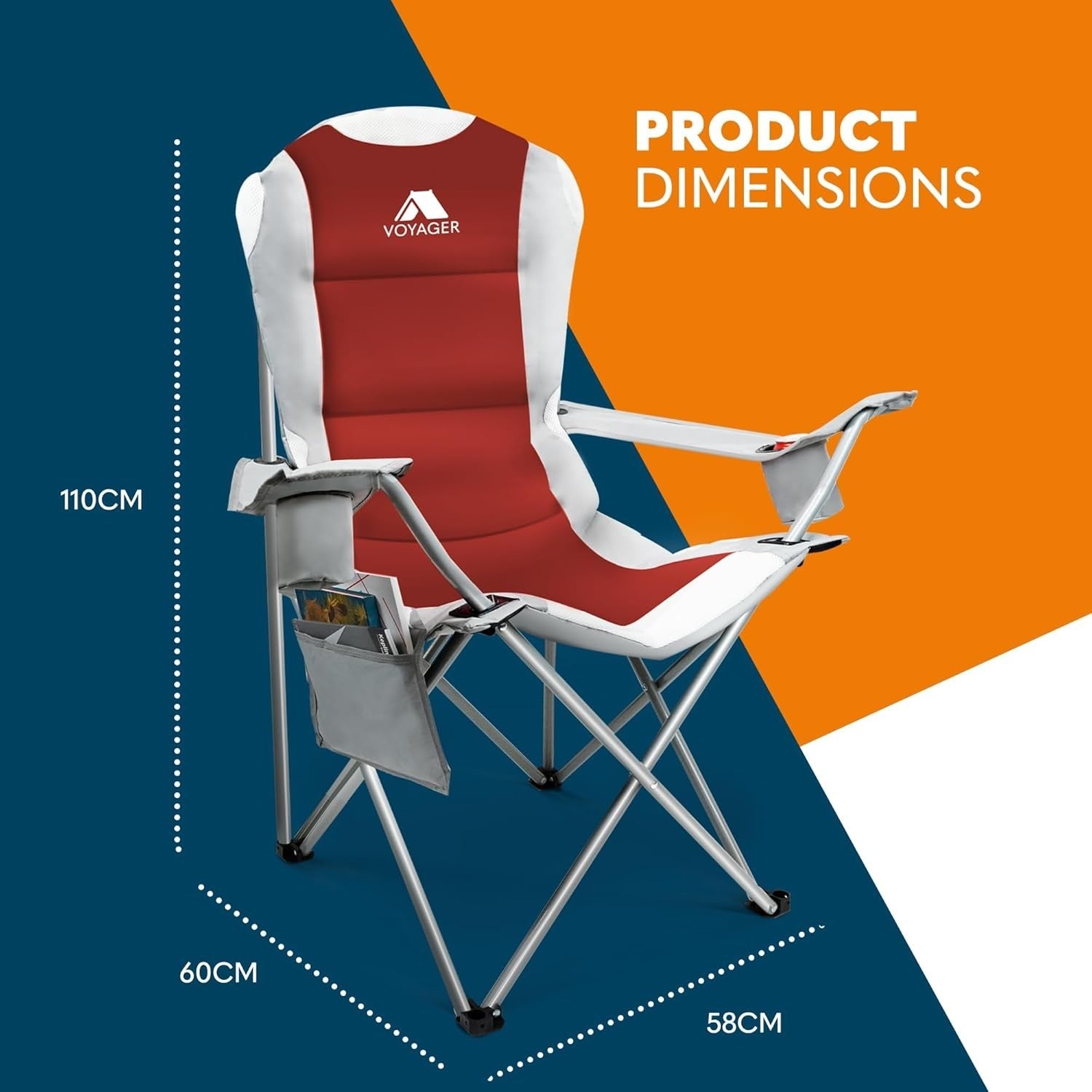 2x Padded Folding Camping Chairs W/Cup Holder, Pockets, Heavy Duty