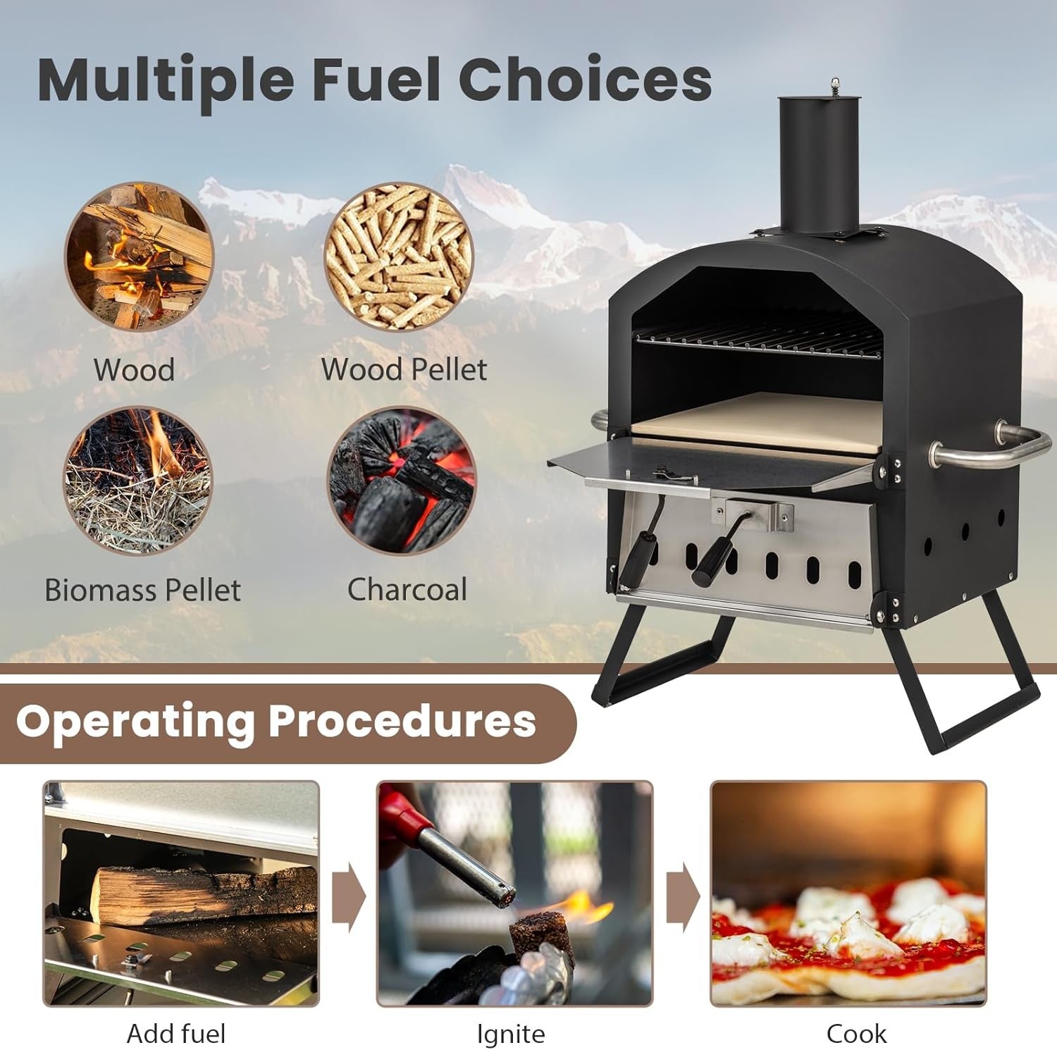 2-Layer Wood Fired Pizza Oven | Outdoor BBQ Grill, Stone & Peel Set | Foldable