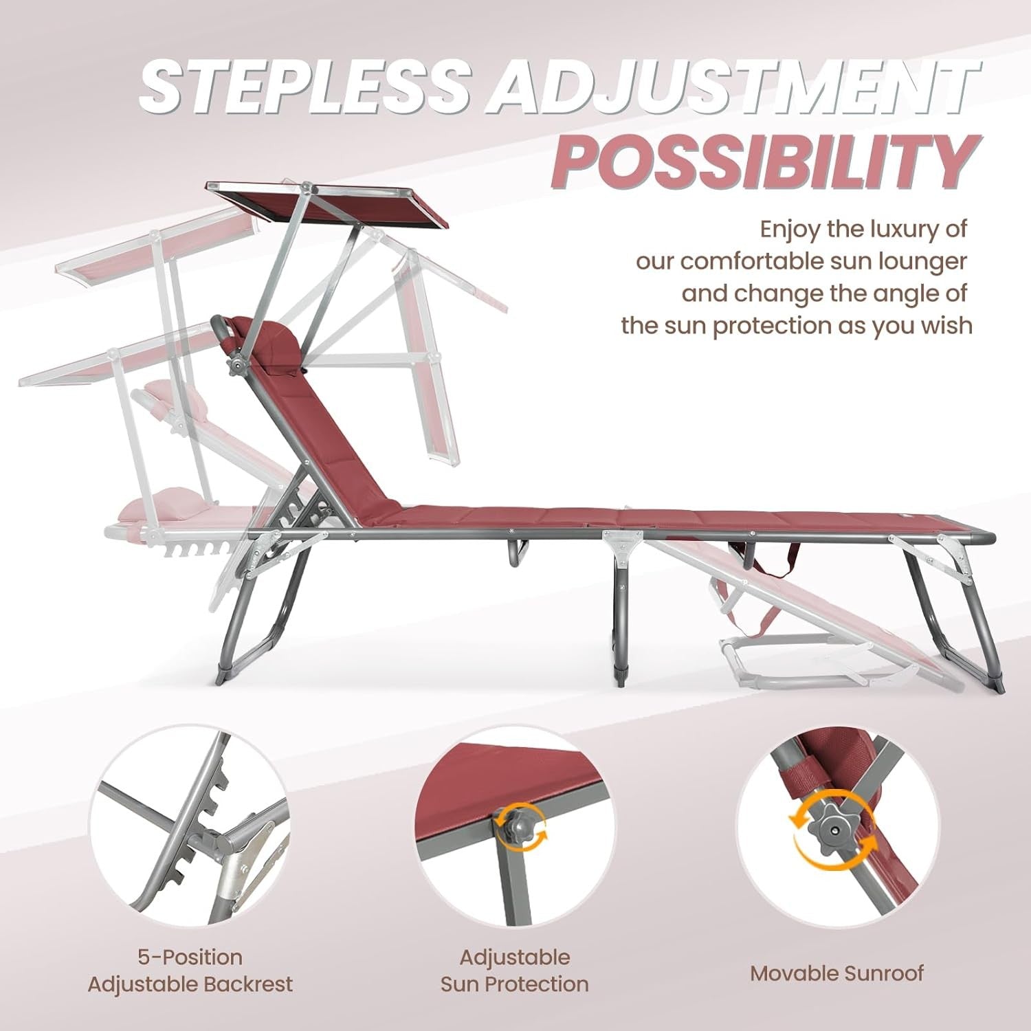 XXL Aluminium Sun Lounger with Sun Roof Adjustable Red 200x70