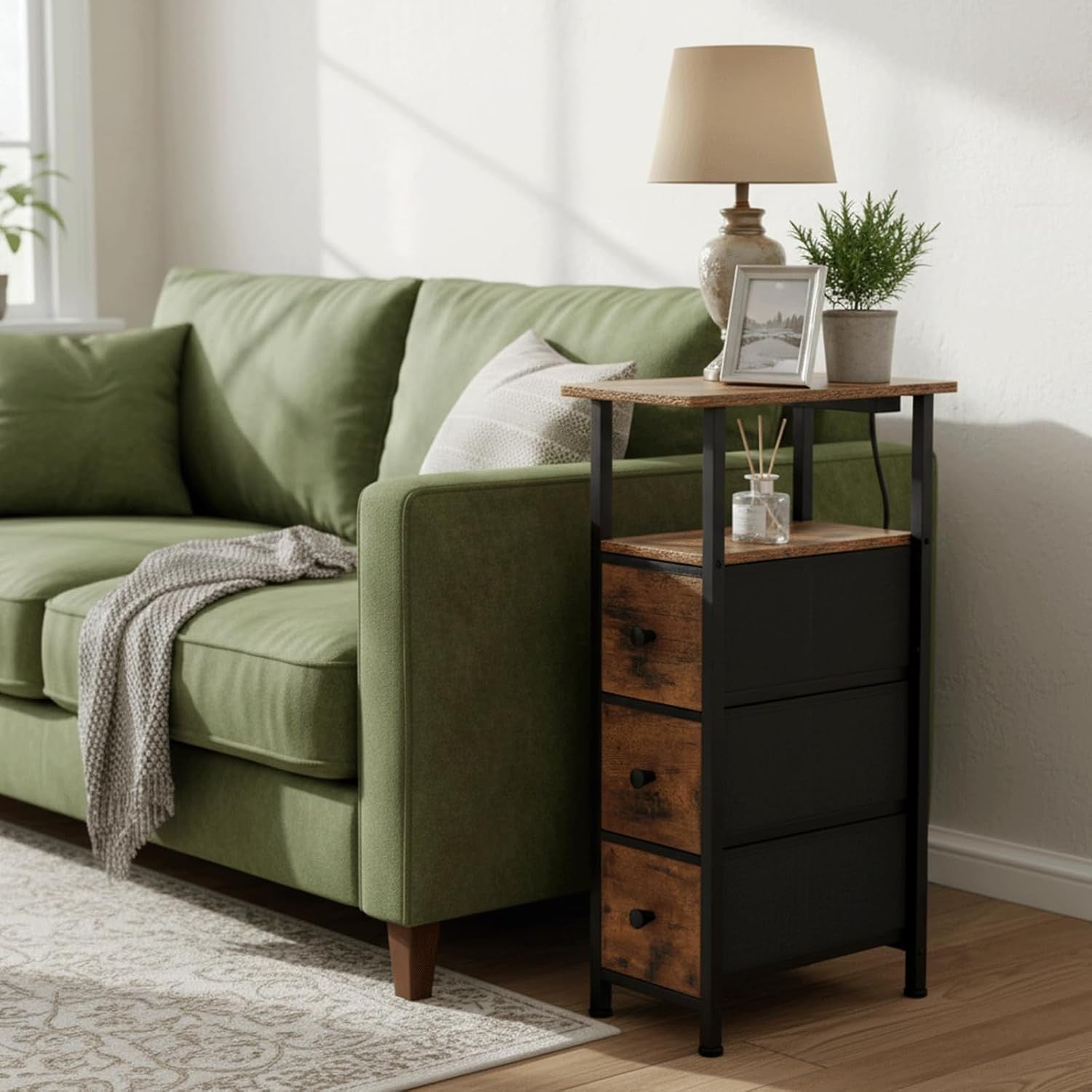 Slim Bedside Tables Set of 2 with Charging Ports, Storage Drawers & Shelf