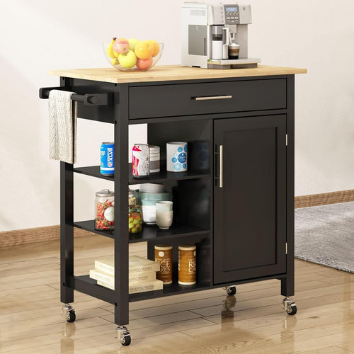 3-Tier Rolling Kitchen Island Cart with Drawer, Cabinet & Towel Rack, Black