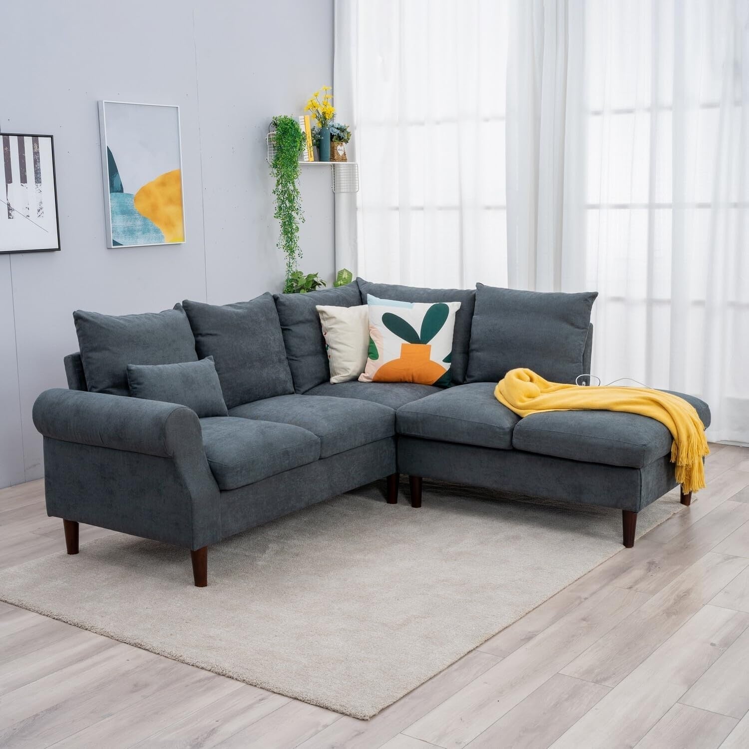 5 Seater Corner Sofa w/ Chaise & USB Port – Grey Linen, 200x195cm, Modern