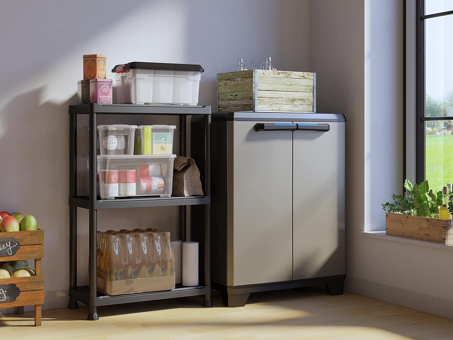 Low Plastic Storage Cabinet with Adjustable Shelves for Garage or Home