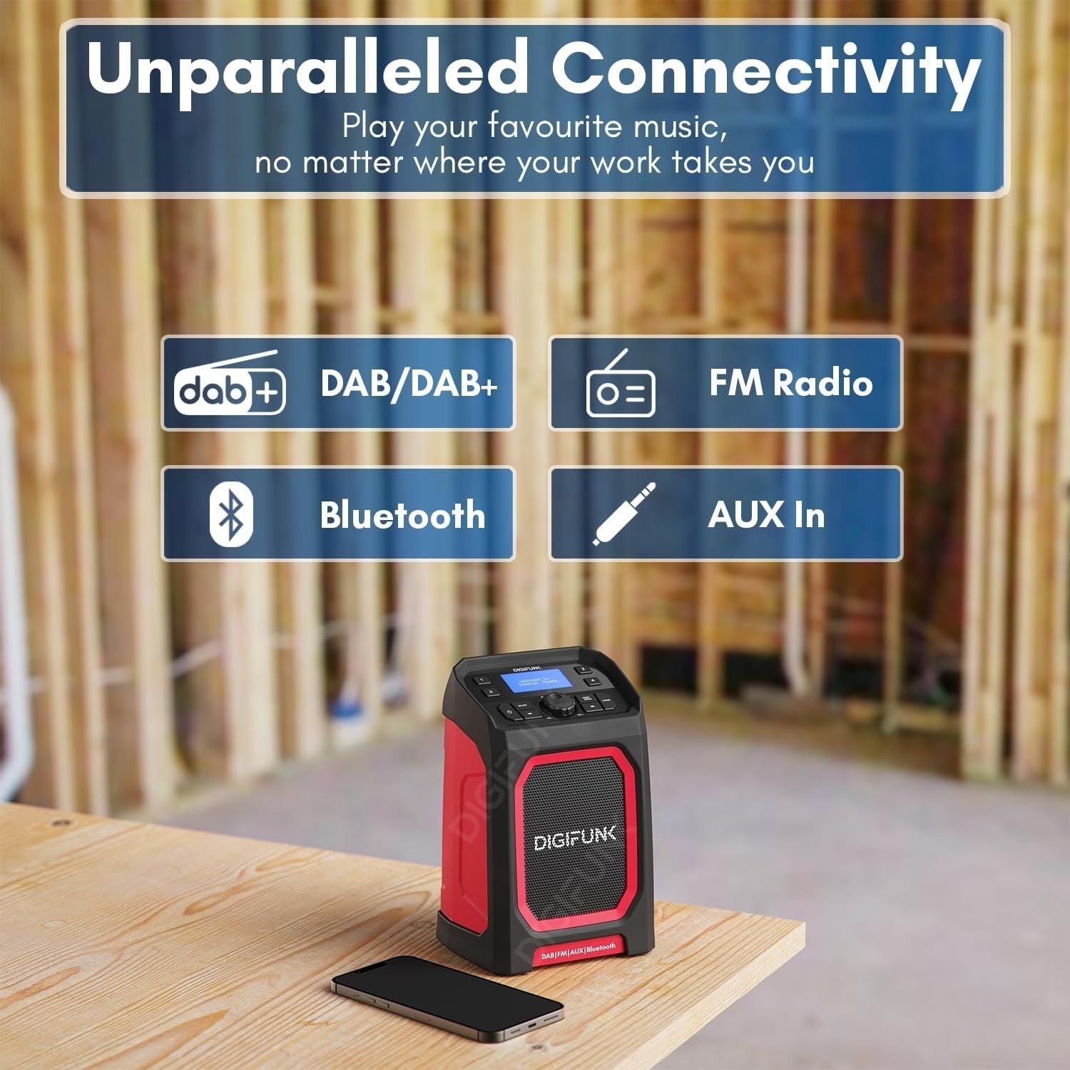 Red DAB+ Work Site Radio Bluetooth USB Rechargeable IP65 Waterproof
