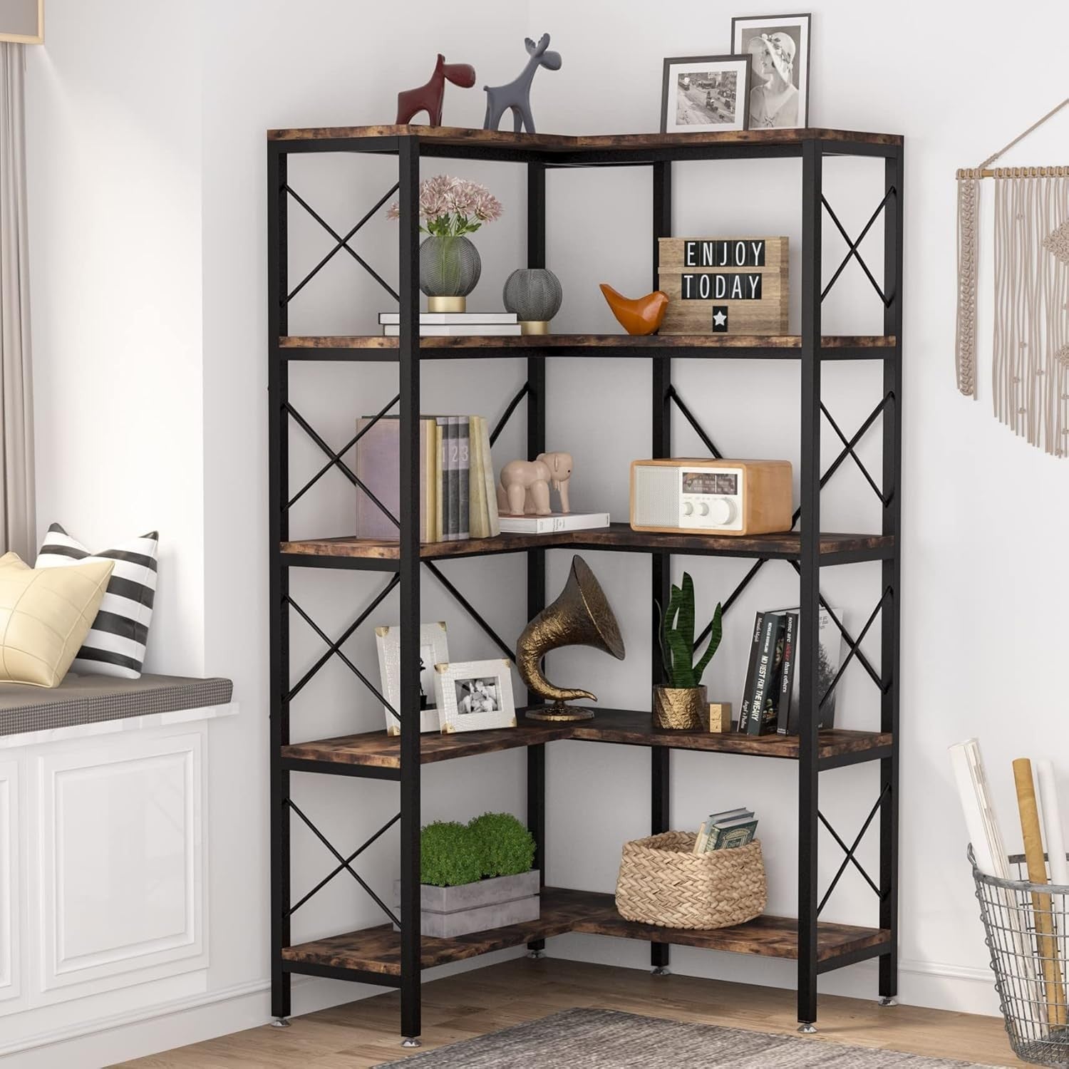 Tall 5-Tier Corner Bookshelf | Rustic Wood & Metal Industrial Display Storage Un