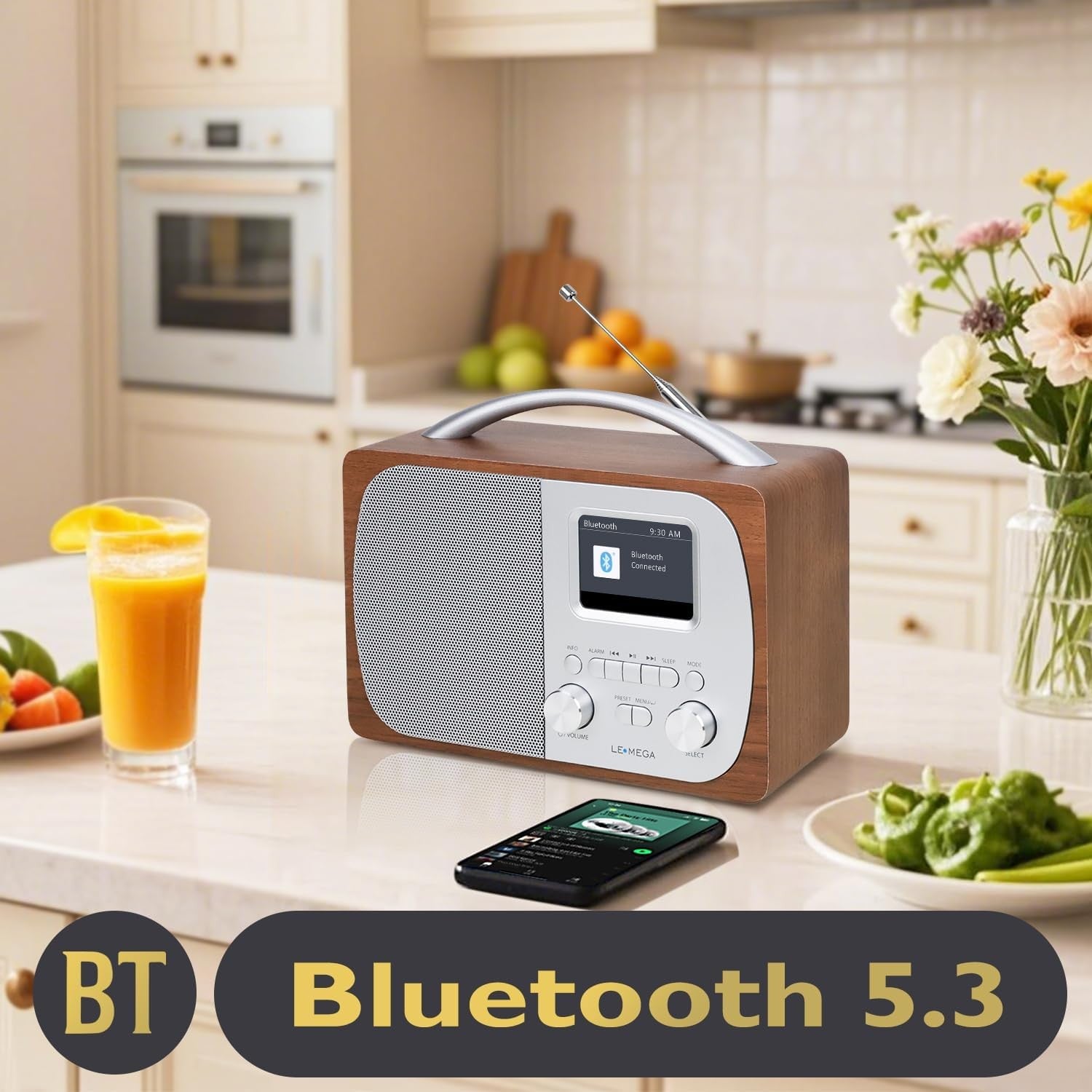 DAB DAB+ FM Digital Radio Bluetooth Speaker Alarm Walnut Portable