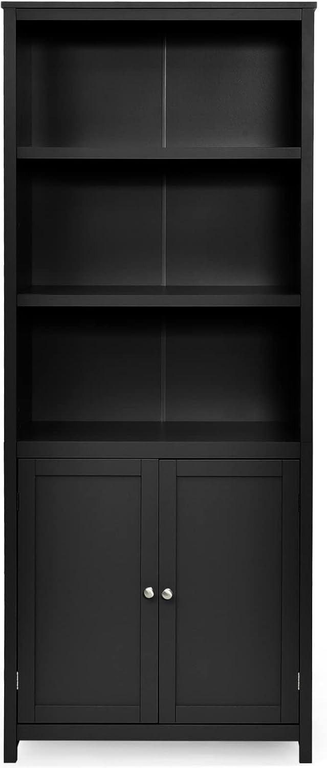 Tall Black 5-Tier Storage Cabinet with Doors, Adjustable Shelves, Freestanding