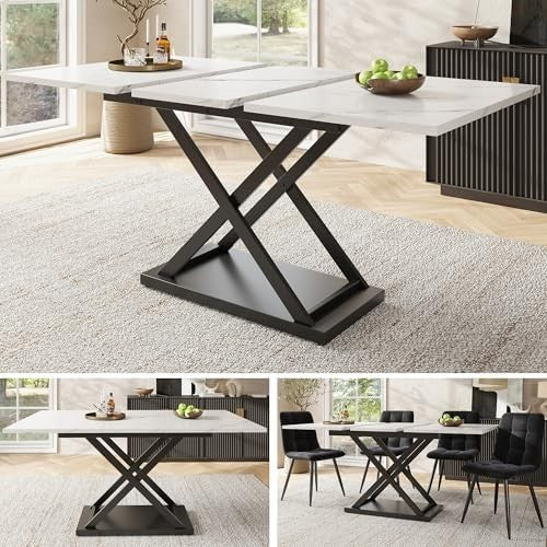 Extendable Dining Table White Marble Black Iron Legs 120-160cm