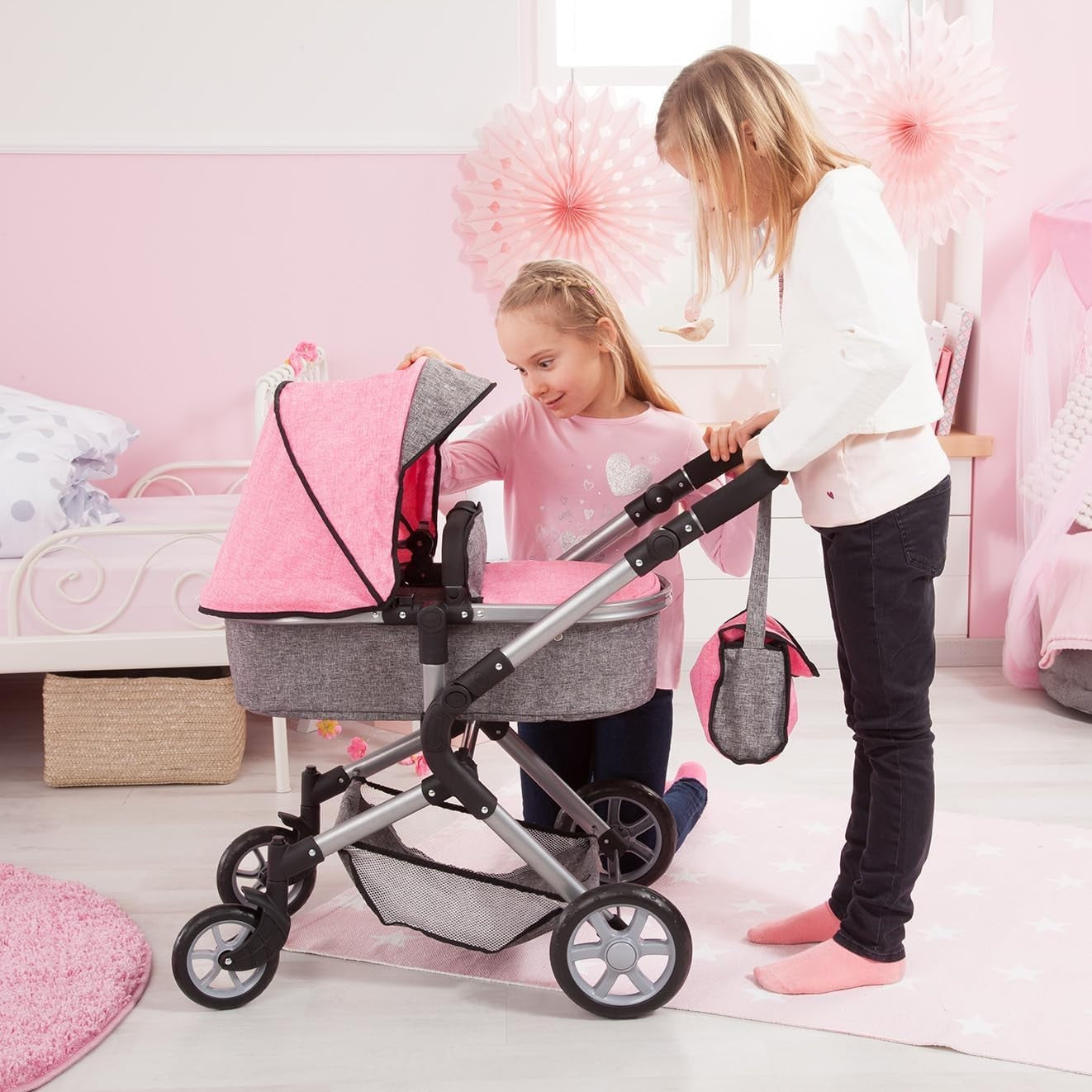 Dolls Pram Pushchair Convertible Adjustable Handle Basket Bag Toy