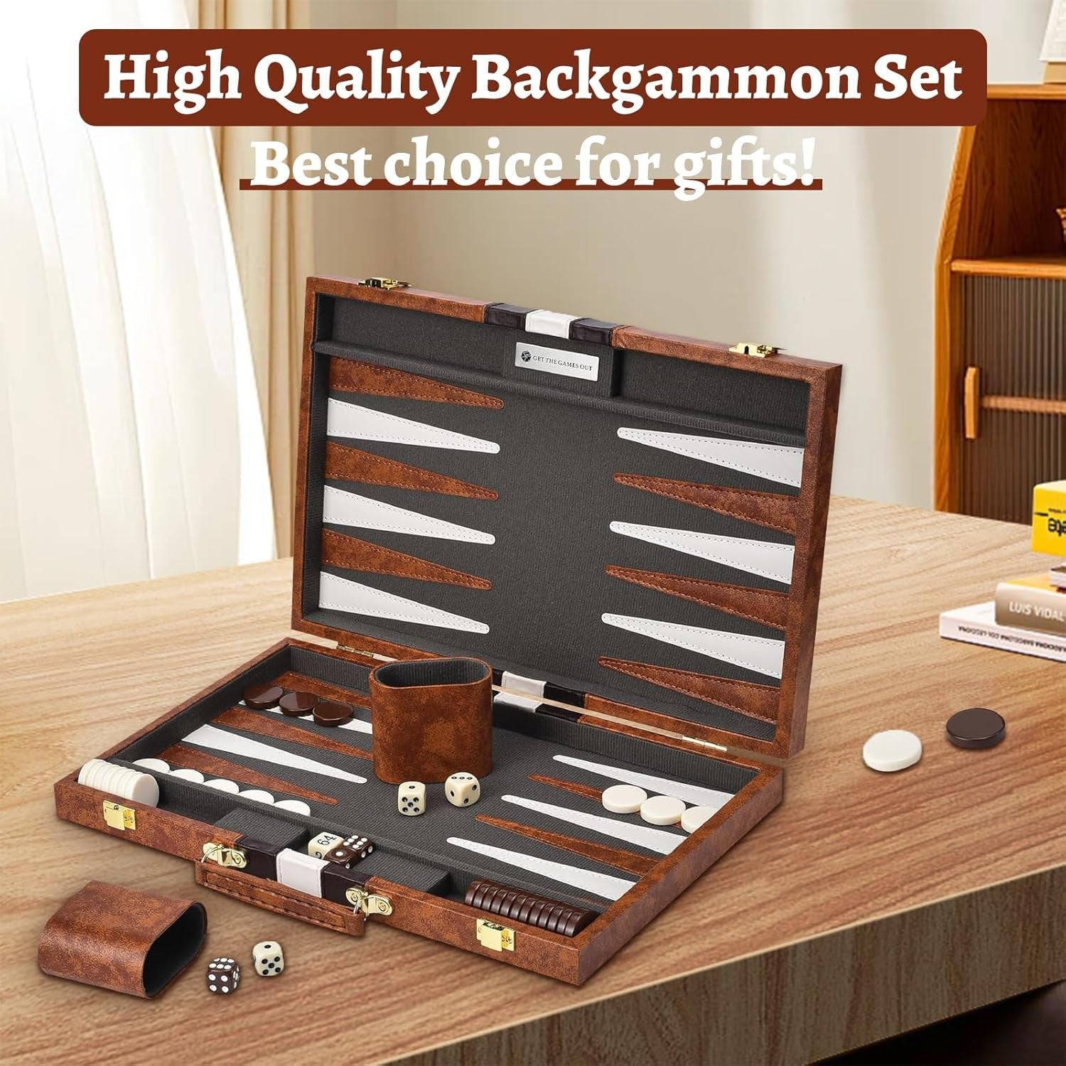 Backgammon Set 11 Inch Leather Case Portable Travel Board Game Wooden Cups
