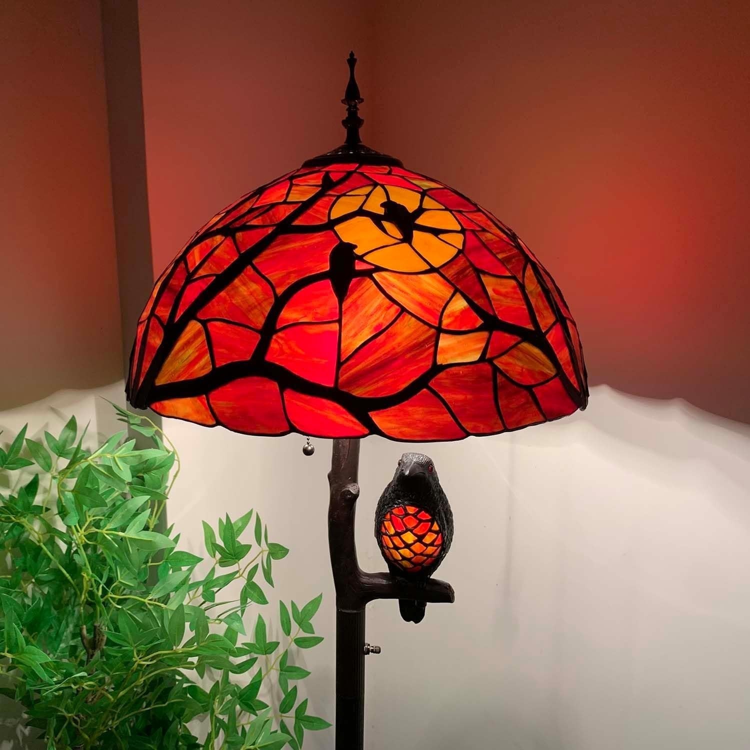 Full Moon Raven Stained Glass Floor Lamp, 65” Tall, 4-Light Halloween Decor