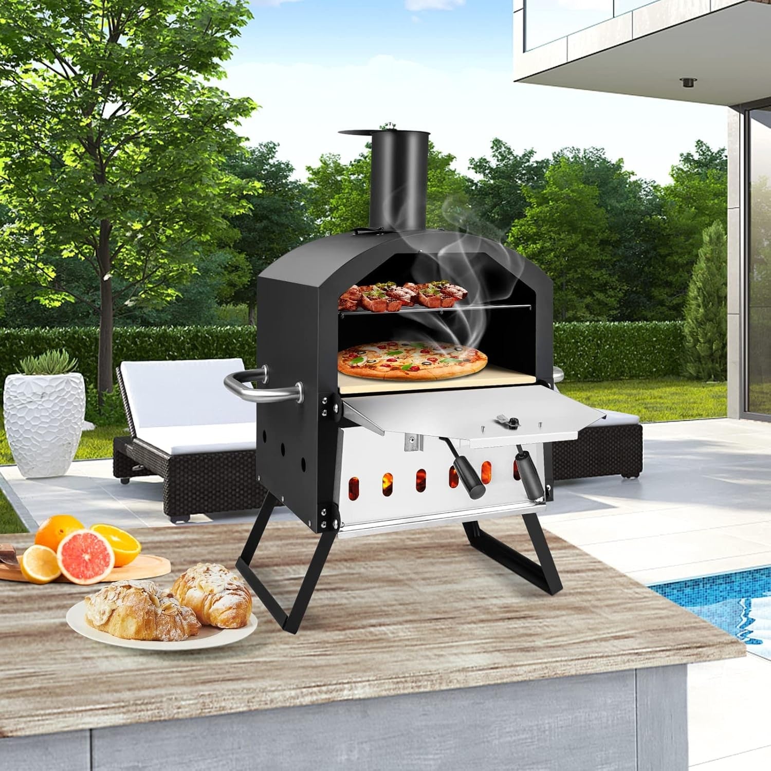 2-Layer Outdoor Wood Fired Pizza Oven with Stone, Peel & Waterproof Cover