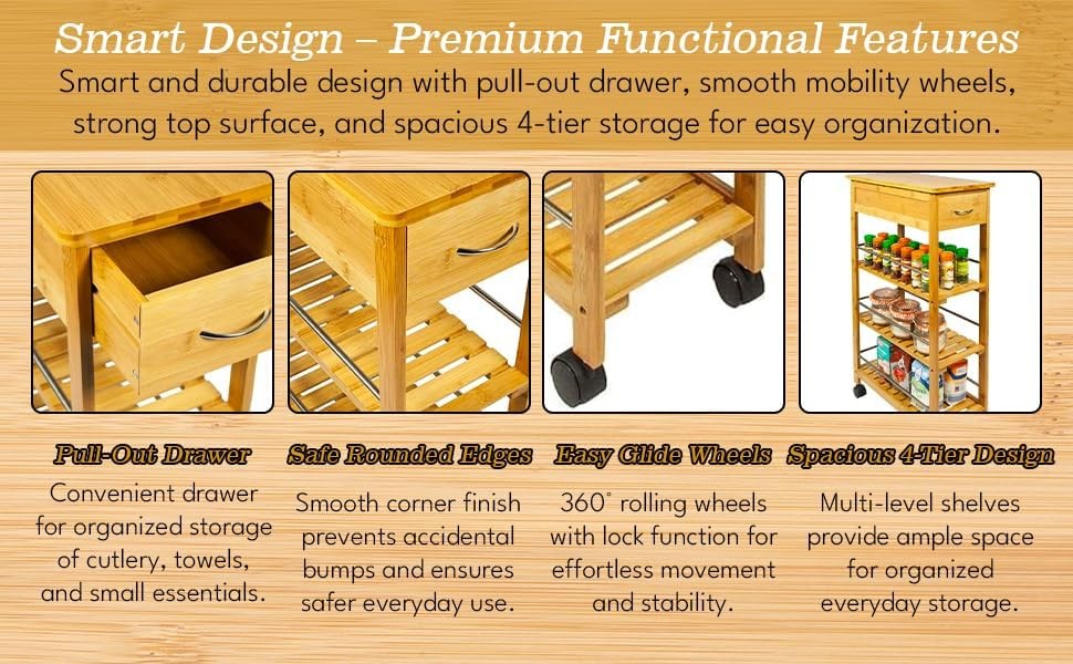 4 Tier Slim Bamboo Kitchen Trolley on Wheels Drawer Storage Cart Space Saver