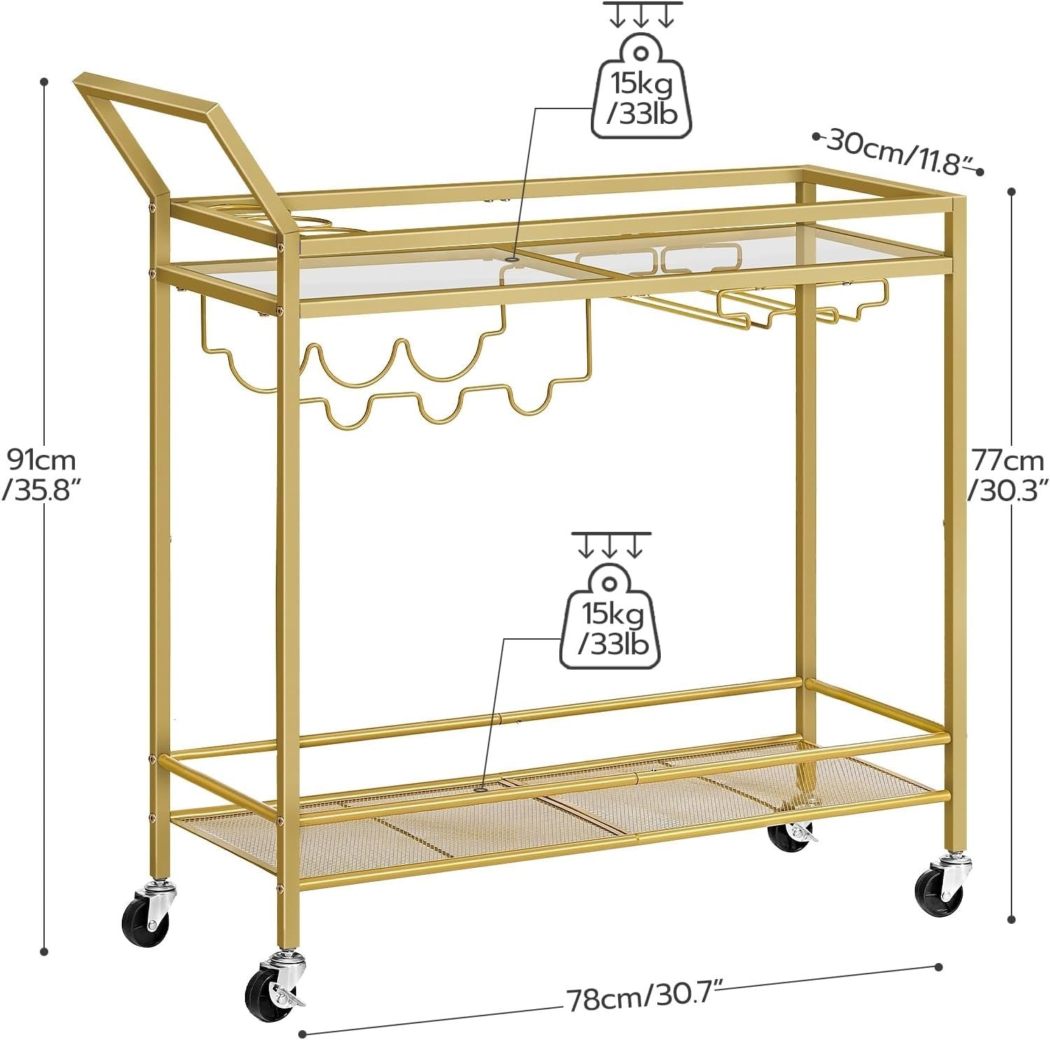 Gold Drinks Trolley 78x30x91cm Glass Shelf Wine Rack