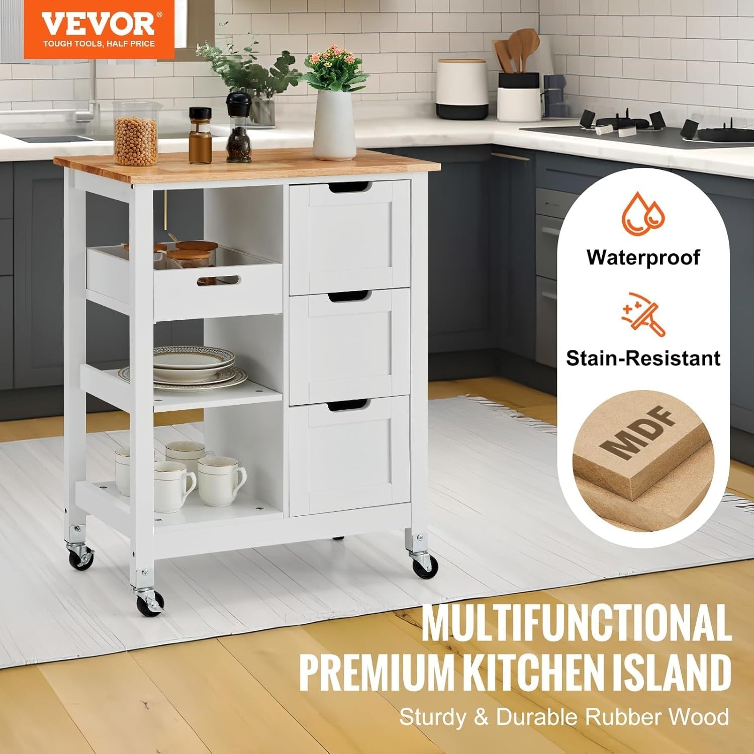 Rolling Kitchen Island Cart with Solid Wood Top, Storage Drawers & Shelves