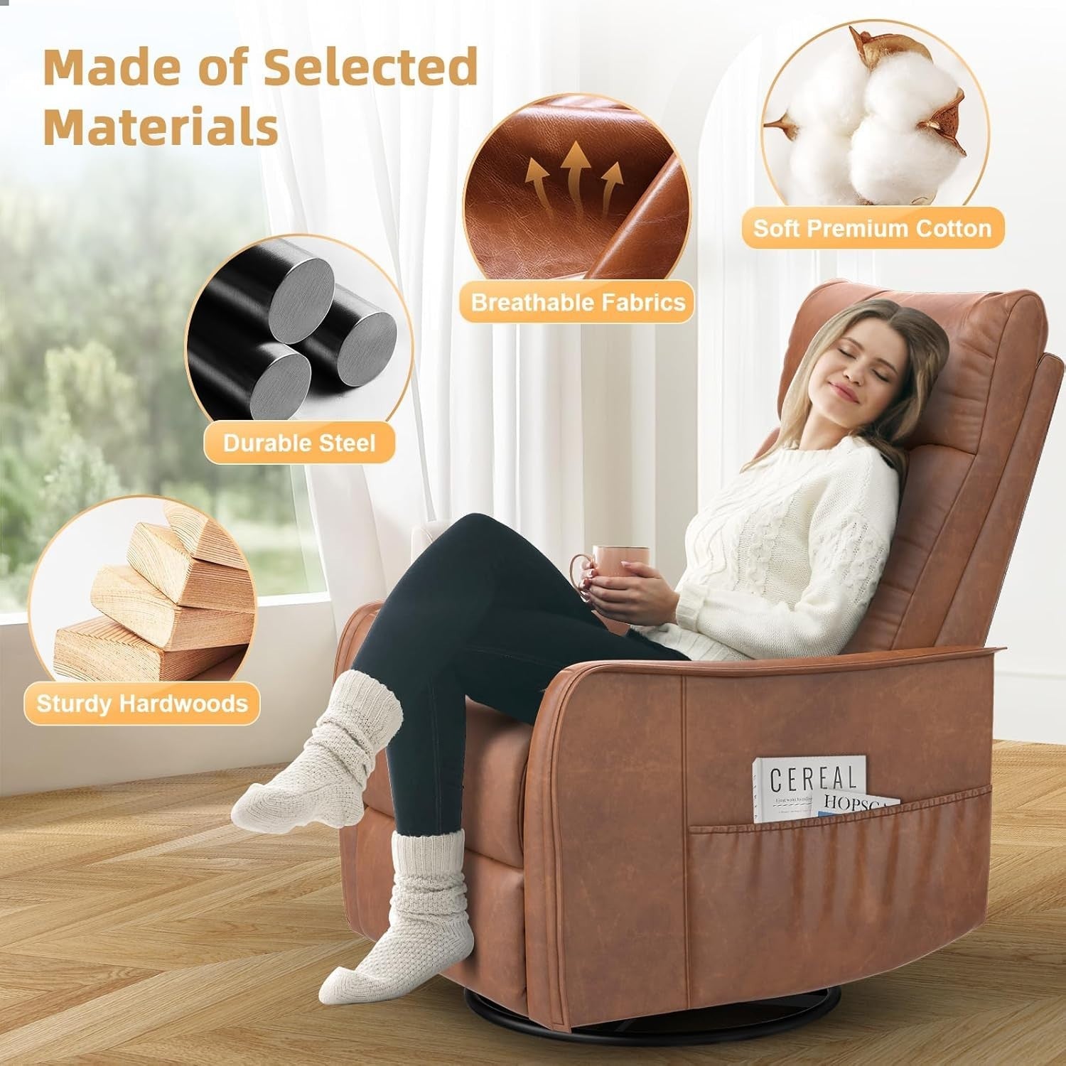 Swivel Rocking Recliner Chair Massage Heat 3-in-1 Footrest Dual Pockets Brown