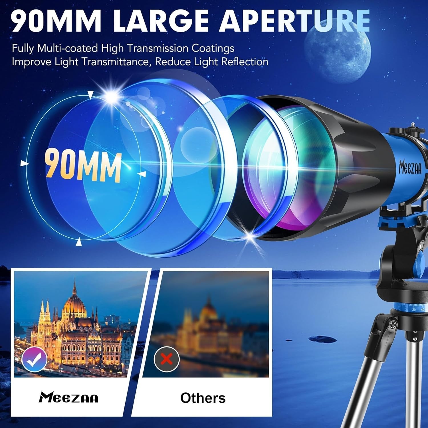 90mm Aperture 800mm Refractor Telescope for Adults & Kids with Tripod