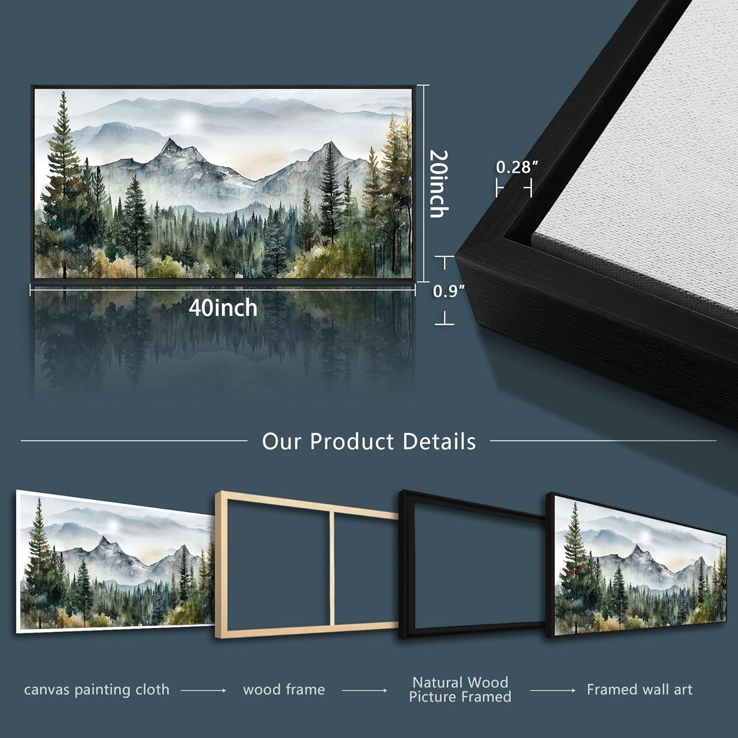 Large Black Framed Mountain Canvas Wall Art – Foggy Forest Landscape Decor