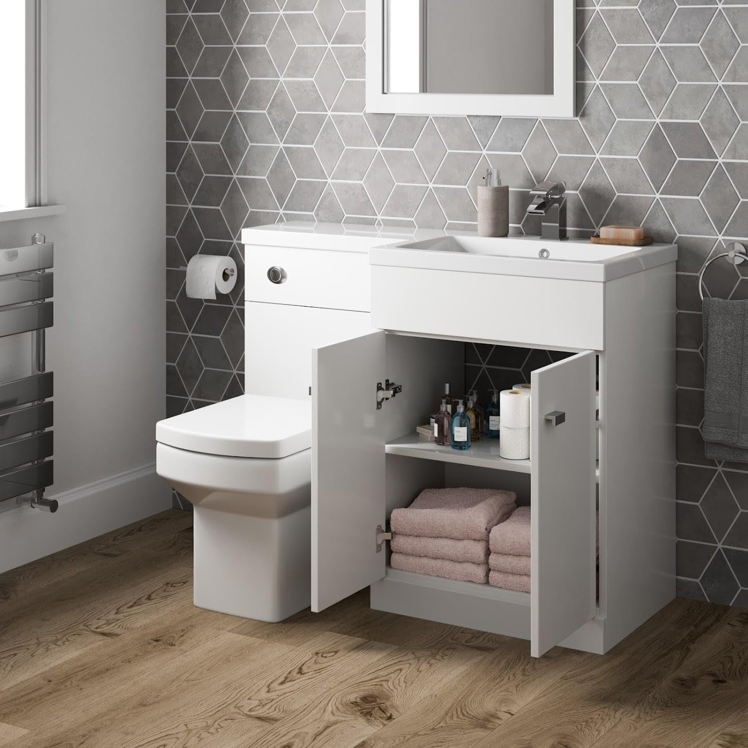 1100mm L Shape Bathroom Vanity Unit with Basin & Toilet High Gloss White