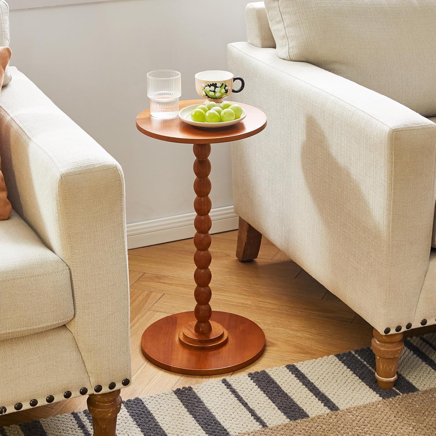 Cherry Wood Round Side Table – Modern Small Accent Table with Solid Wood Base