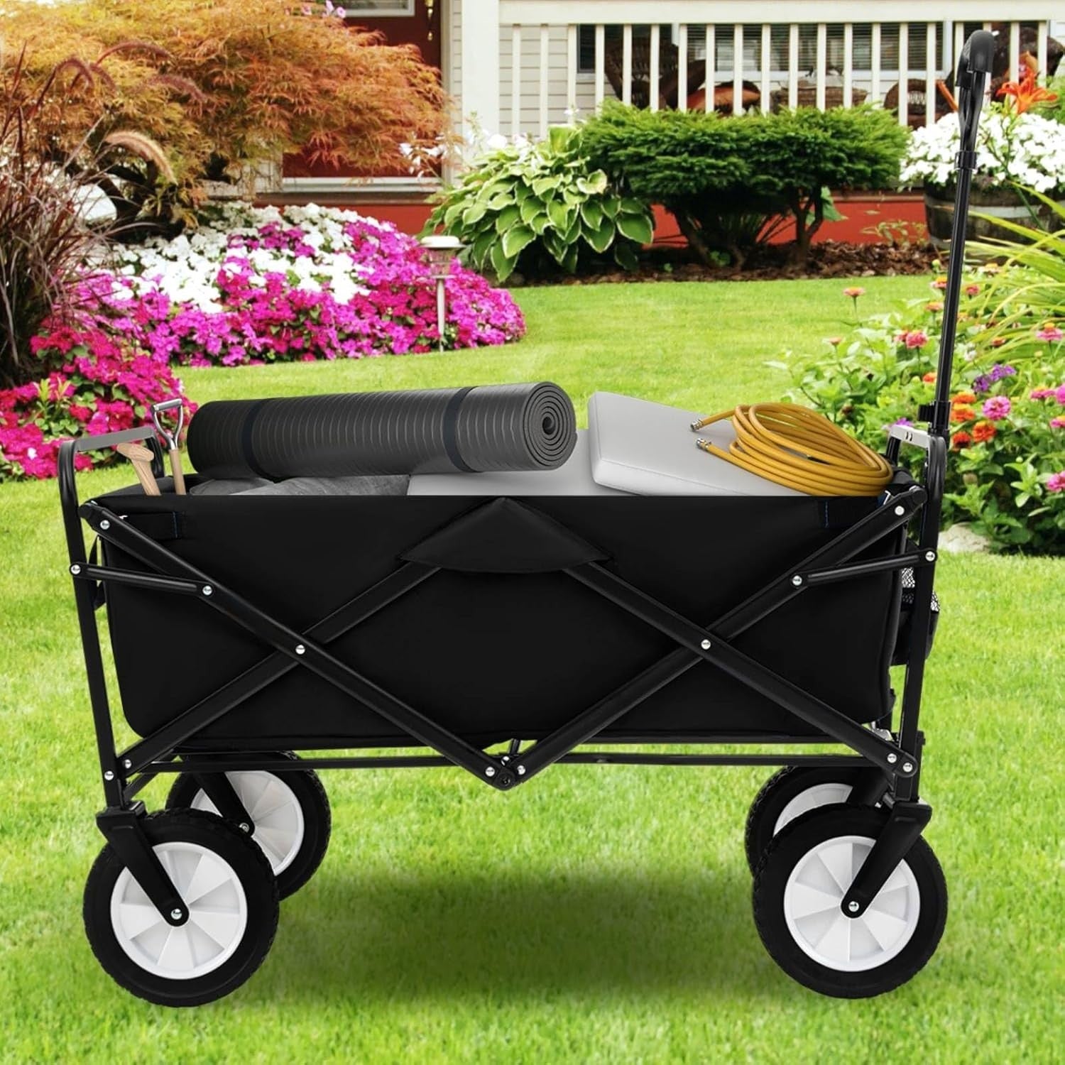Folding Festival Trolley Wagon 82L Heavy Duty Cart All Terrain Wheels Black
