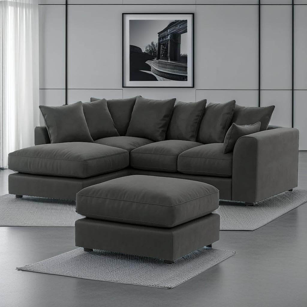Grey Plush Velvet Corner Sofa with Footstool – 4 Seater L Shape Couch