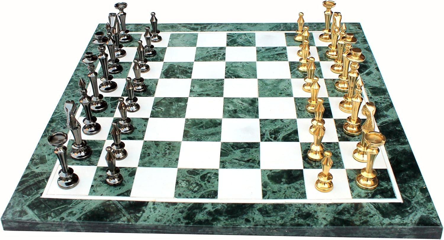 15" Green Marble Chess Set | Handcrafted Stone Board & Brass Pieces | Luxury Gif