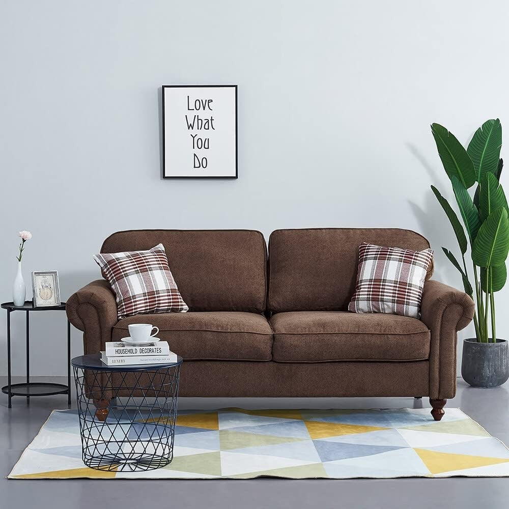 Brown 2 Seater Linen Sofa Couch Retro Style Small Space Living Room Settee