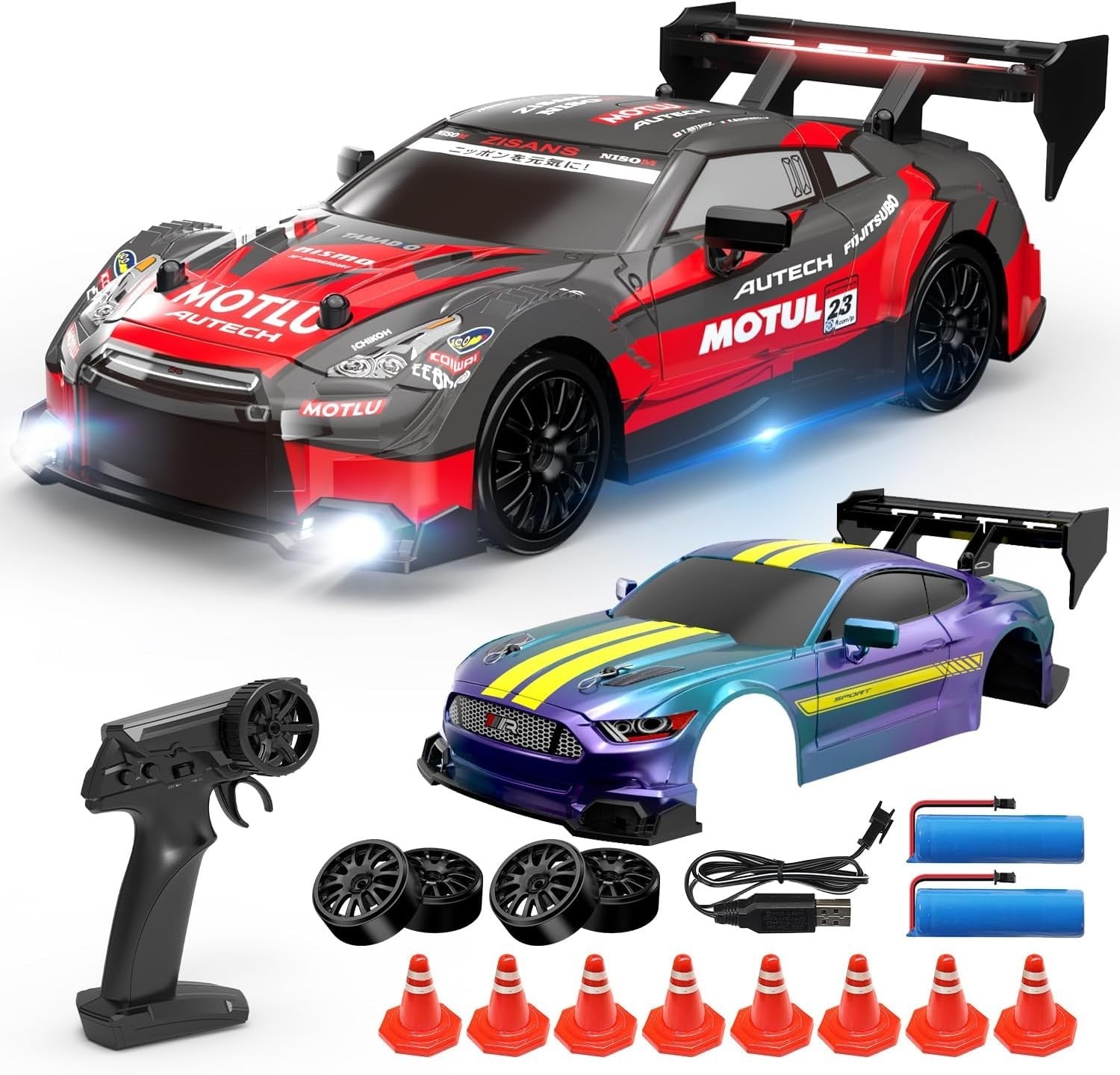 4WD RC Drift Car with Lights, 2 Shells, 2 Batteries & Cones – 40mins