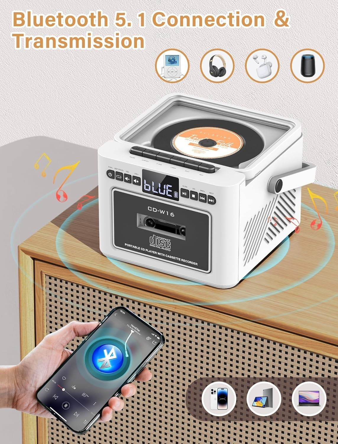 Boombox CD Cassette Player Bluetooth FM Radio USB AUX Rechargeable