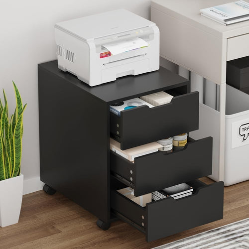 Black Mobile Filing Cabinet 3 Drawer A4 Under Desk Storage on Wheels