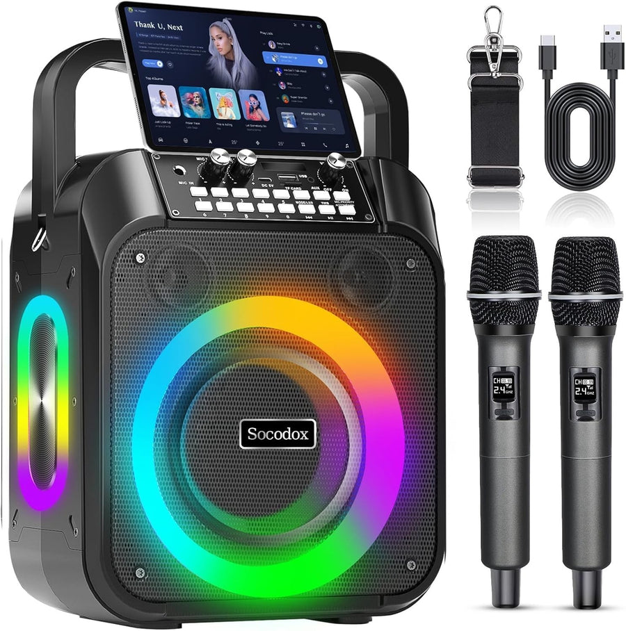Black 30W Karaoke Machine 2 Wireless Mics RGB Party Speaker