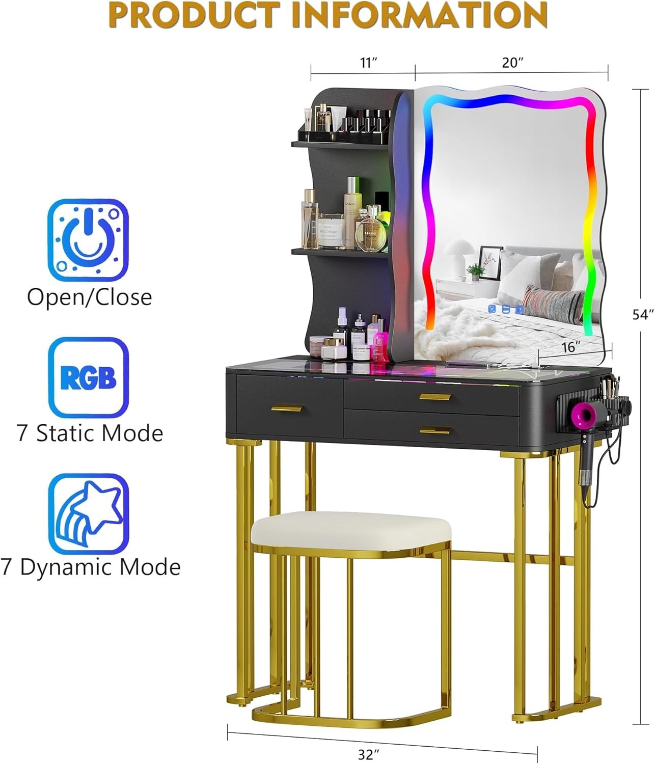 Vanity Dressing Table RGB LED Sensor Light Glass Top 5 Drawers Wireless Charging