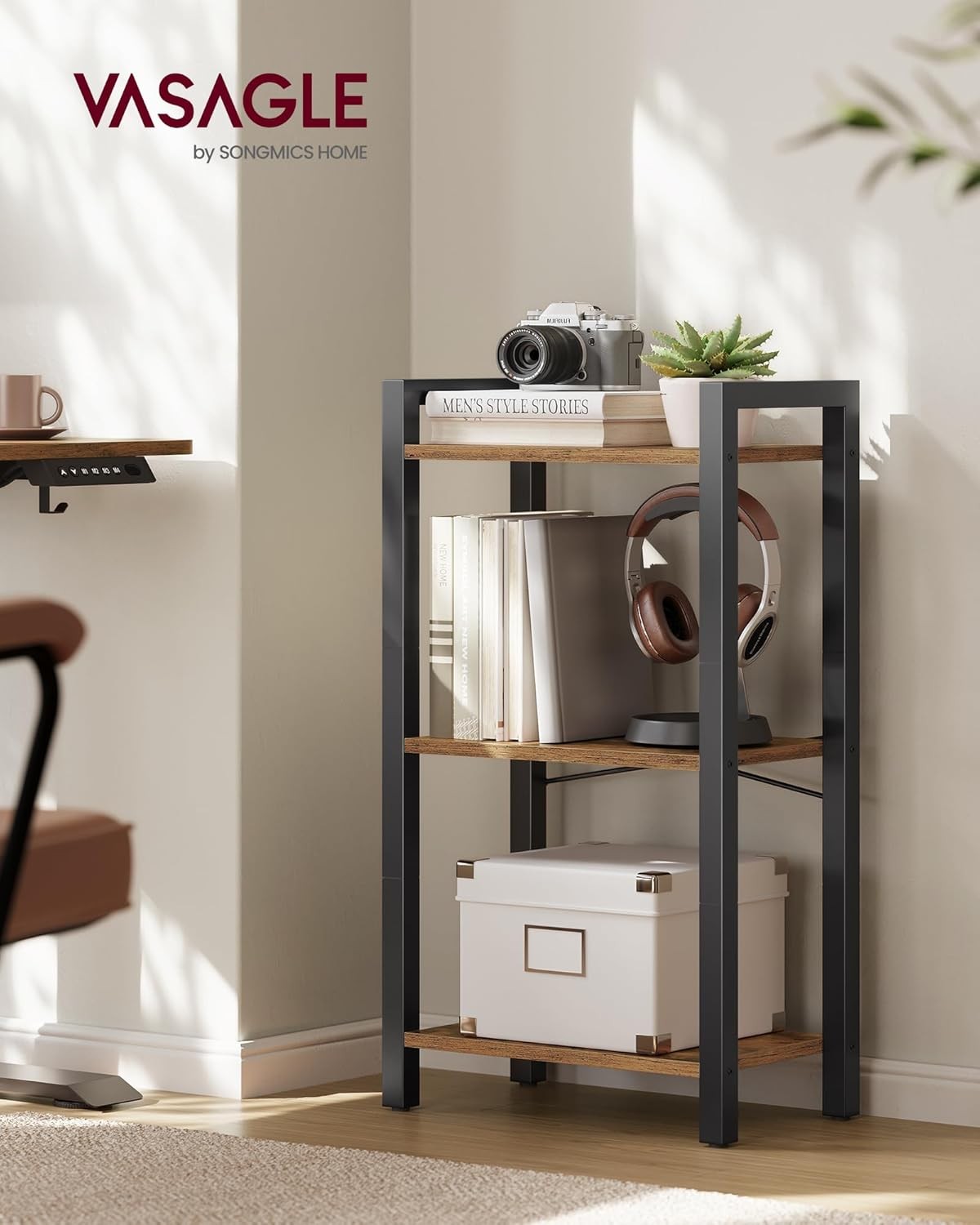 3-Tier Industrial Bookshelf – Rustic Brown & Black Metal Storage Shelf Unit