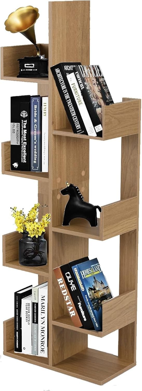 Modern Tree Bookshelf 8-Tier Floor Standing Storage Rack Natural Wood Unit