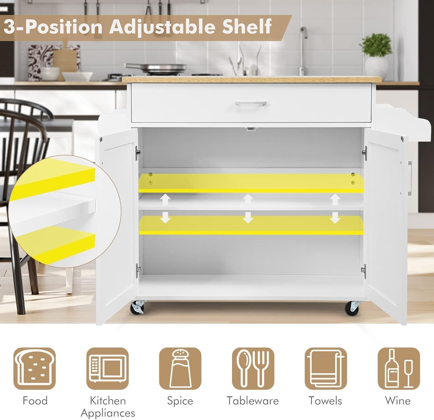 Rolling Kitchen Island Cart with Large Cabinet, Drawer & Wood Top