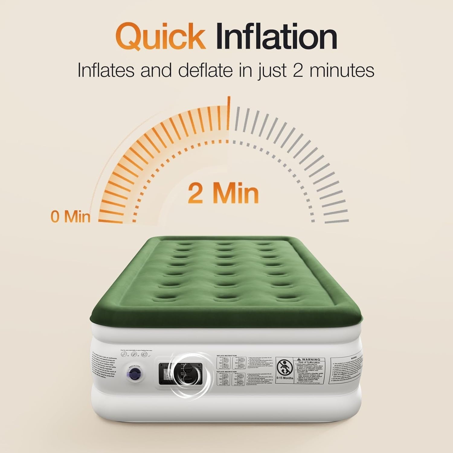 Single Inflatable Air Bed Built-In Electric Pump 46cm Raised Guest Green Mattres