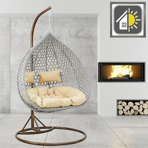 Luxury Rattan Double Egg Chair Swing Hammock with Cushions & Rain Cover