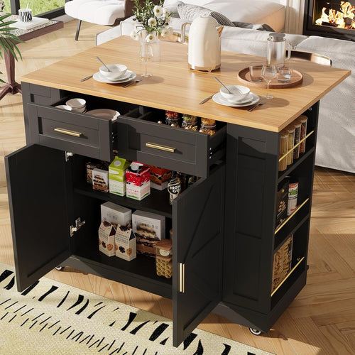 Black Mobile Kitchen Island on Wheels with Foldable Worktop, Drawers & Racks
