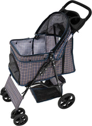 Blue Tartan Pet Stroller Pushchair Foldable Dog Cat Pram 15kg with Brakes