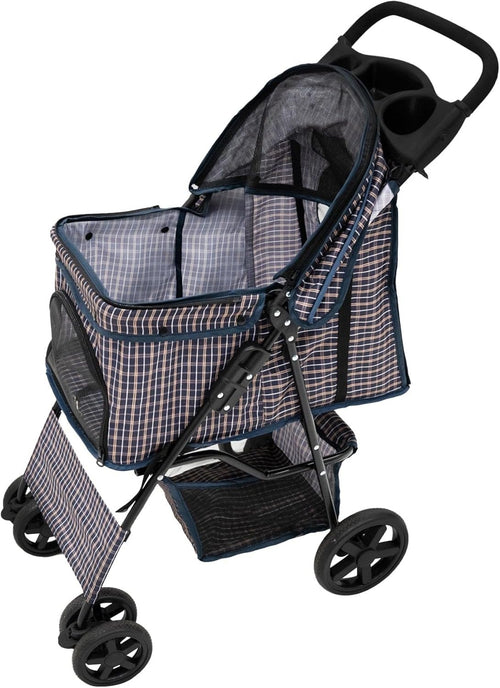 Blue Tartan Pet Stroller Pushchair Foldable Dog Cat Pram 15kg with Brakes