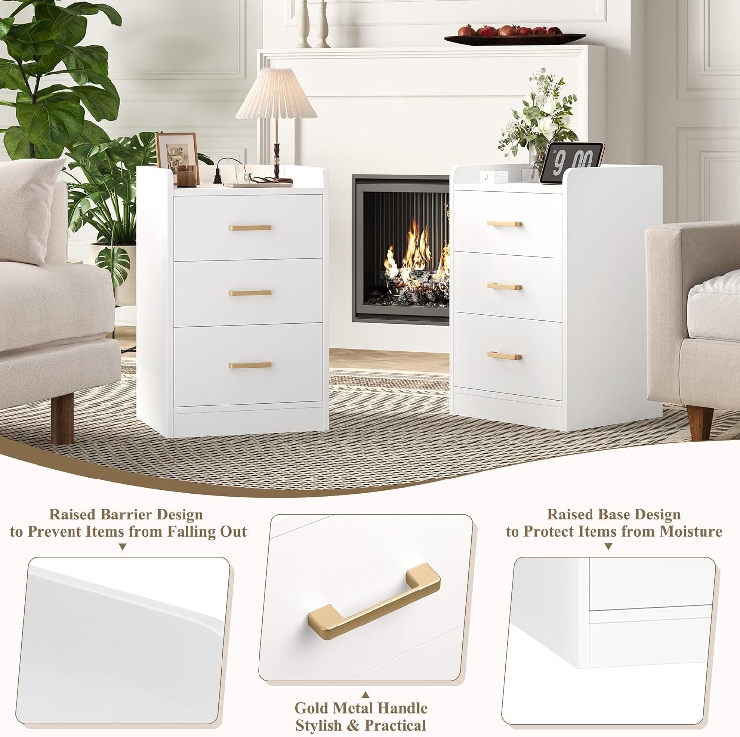 Set of 2 White Bedside Tables with Charging Station | 3 Drawer Nightstands