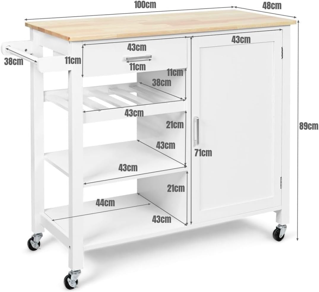 Rolling Kitchen Island Cart with Oak Countertop, Storage, Wine & Towel Rack