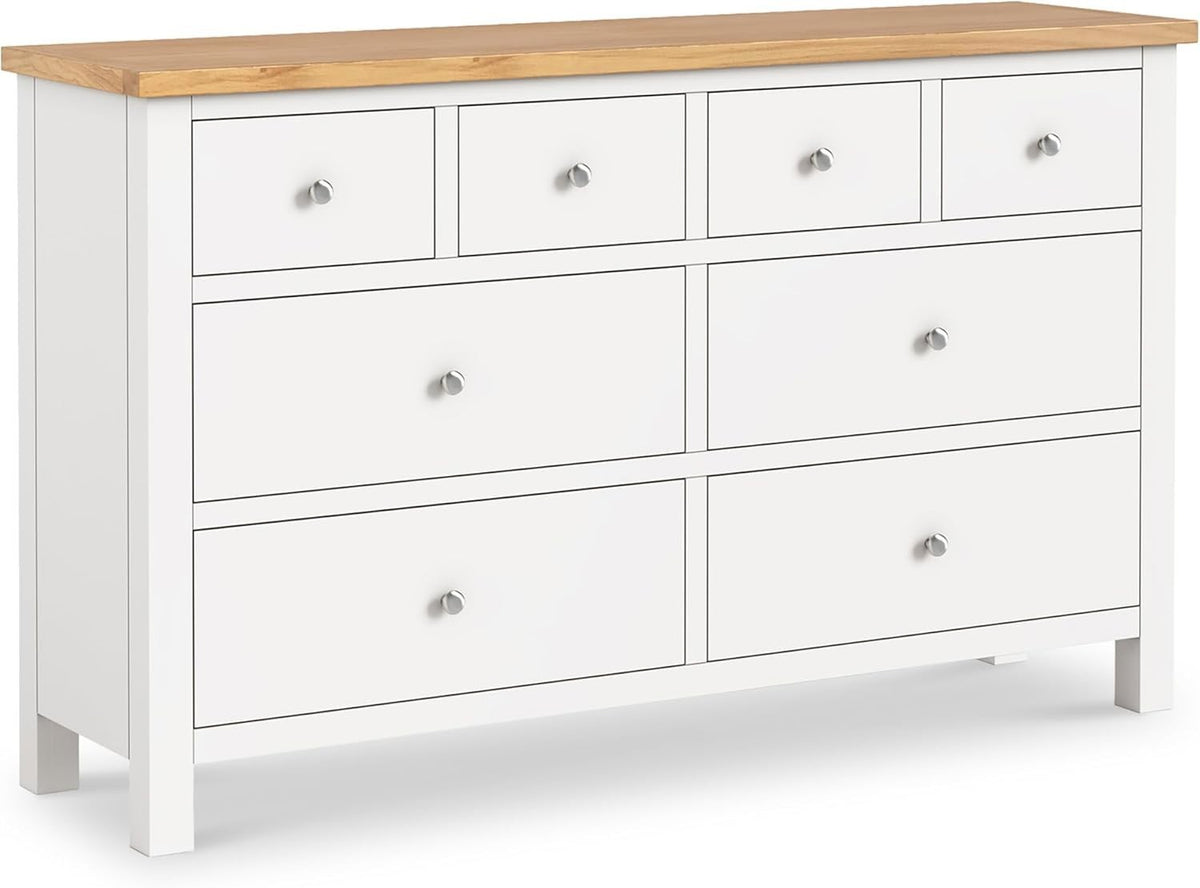 White 8 Drawer Chest with Oak Top – Large Solid Wood Bedroom Storage Unit