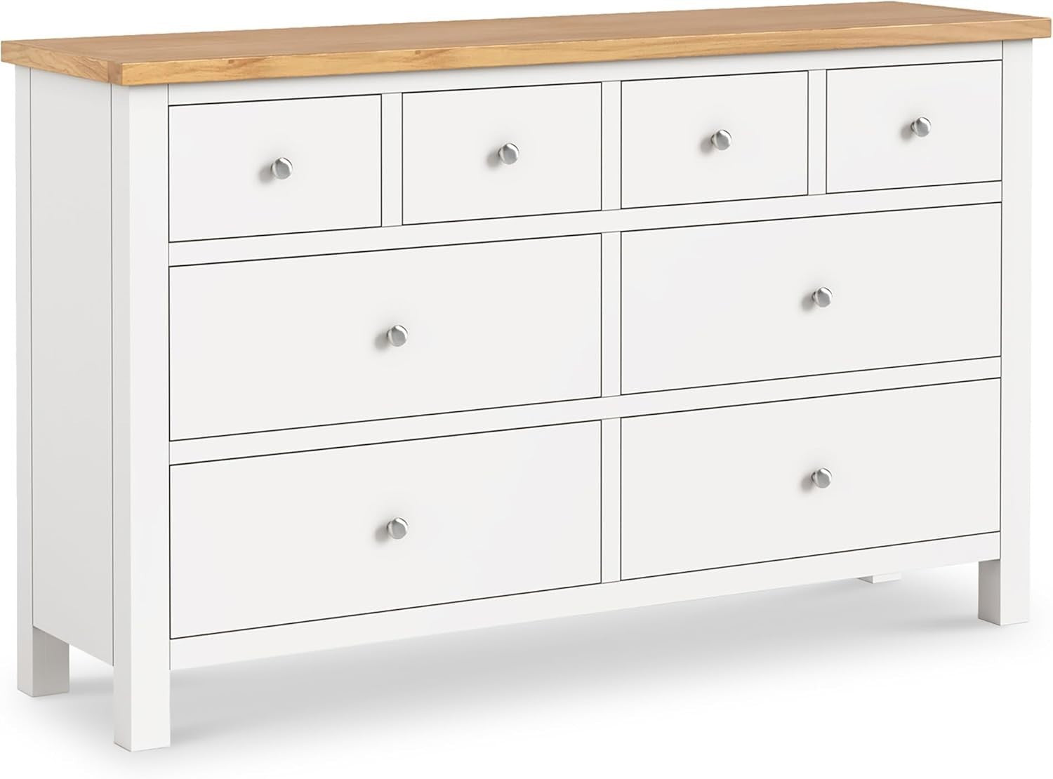 White 8 Drawer Chest with Oak Top – Large Solid Wood Bedroom Storage Unit