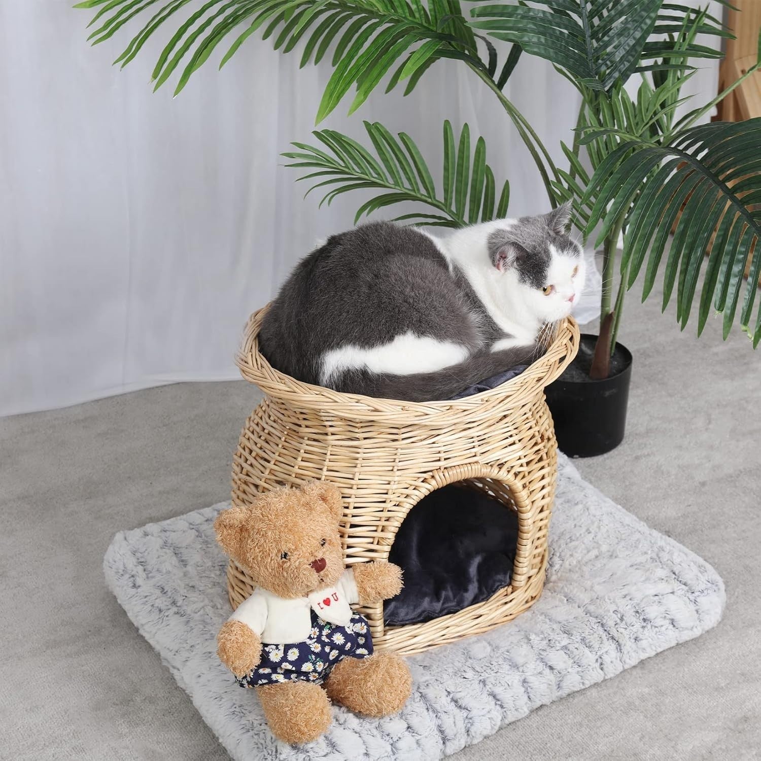 2 Tier Wicker Cat Cave House Kitten Basket Bed with Cushions Beige
