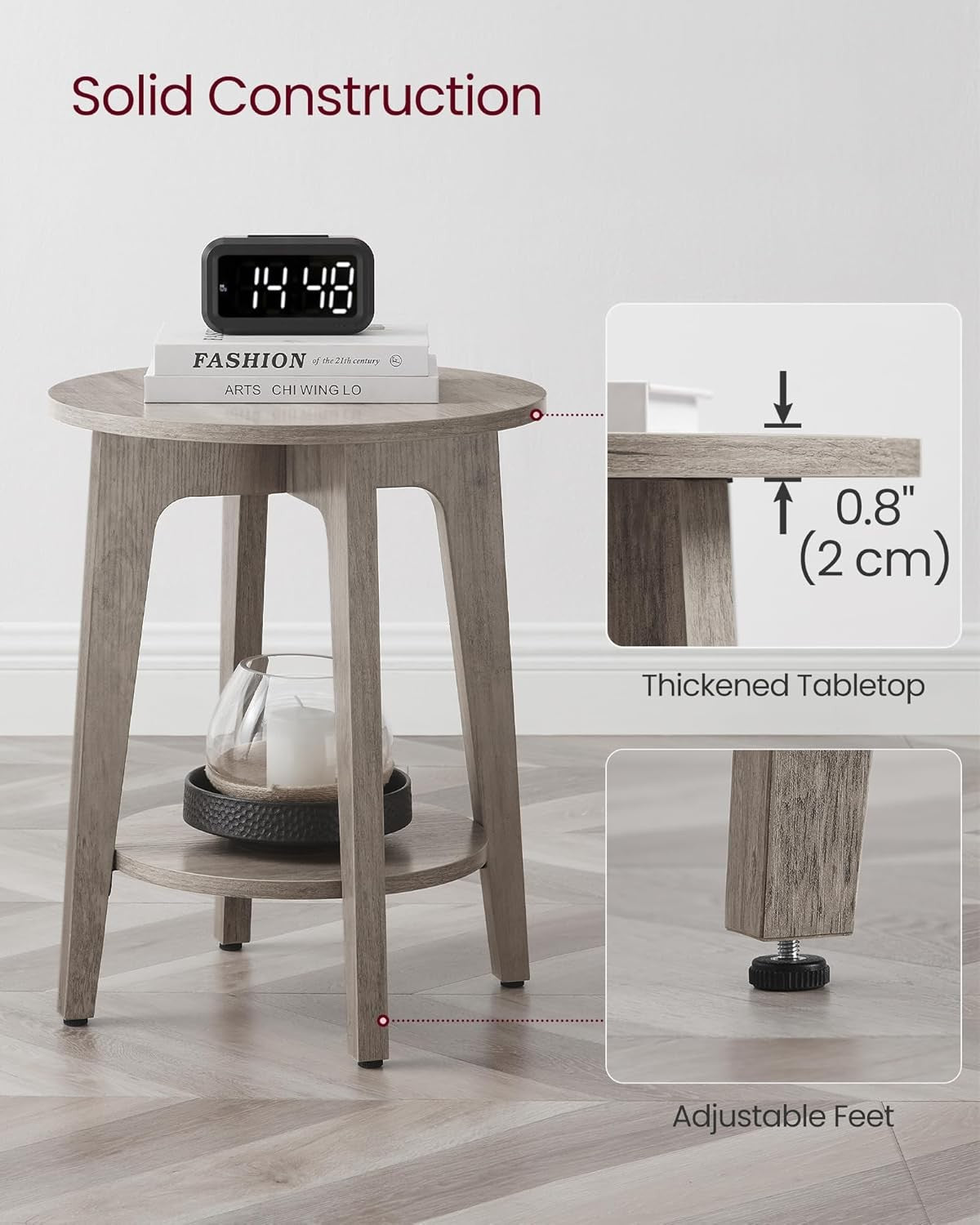 Small Round Side Table with Shelf, Space-Saving Bedside End Table, Wood Look