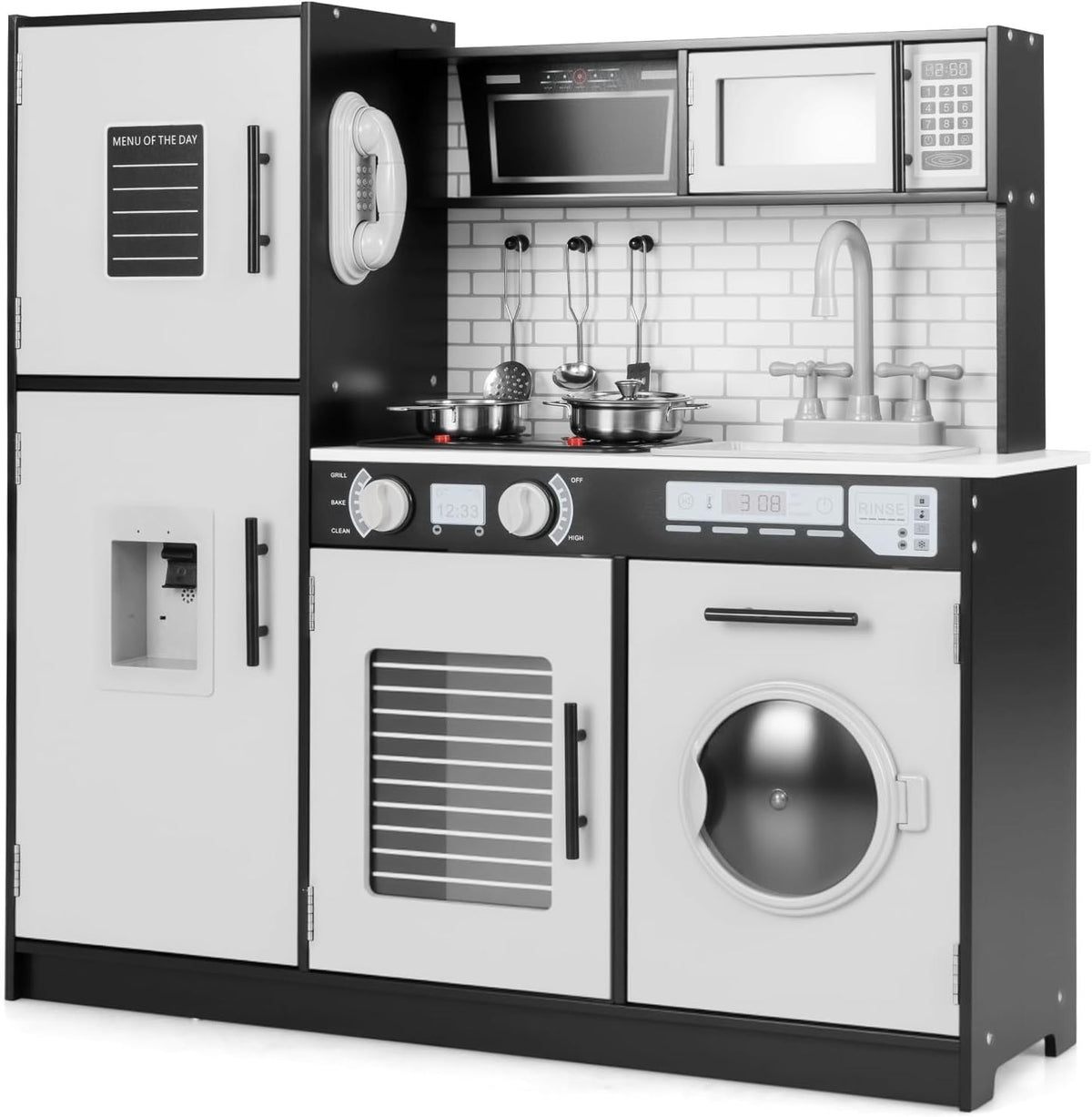 Kids Wooden Play Kitchen Set w/ Lights Sounds Microwave Grey