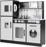 Kids Wooden Play Kitchen Set w/ Lights Sounds Microwave Grey